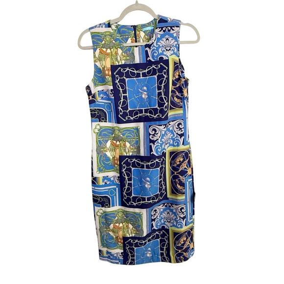 J. McLaughlin Belinda Dress Heraldic Patchwork Print Sleeveless Blue Size 6 NEW - Picture 2 of 8